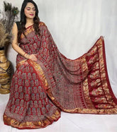 Elegant Dola Silk Ajrakh Saree Ð Maroon with Zari Border - Saree - Aakritee - S10766